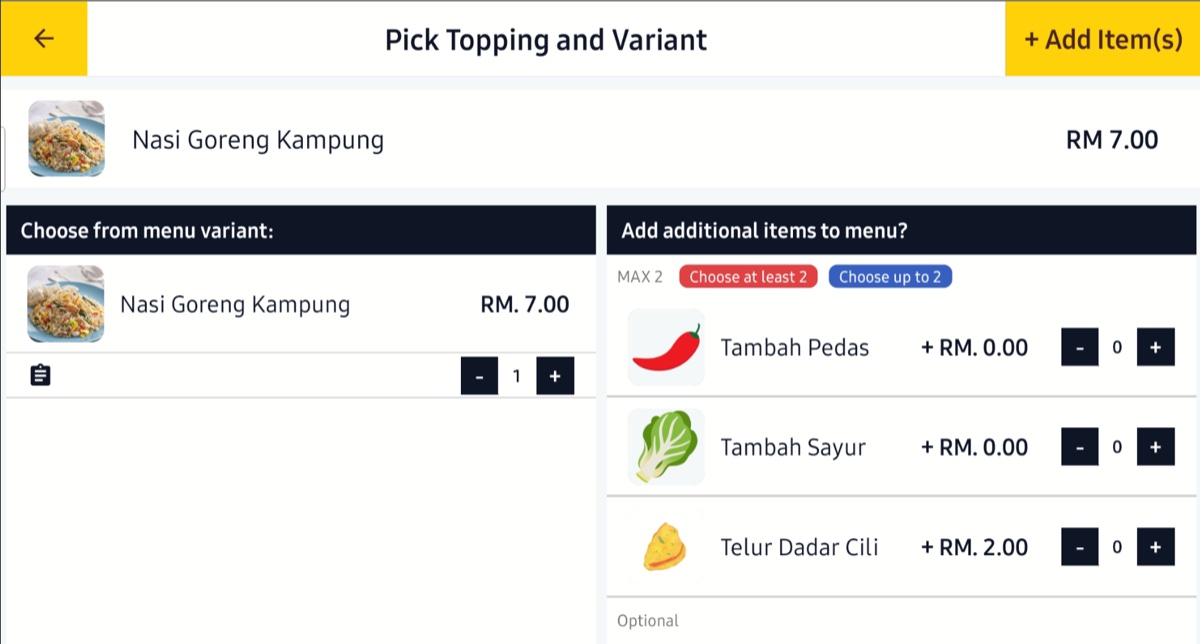 Cashier POS — variants and add-ons